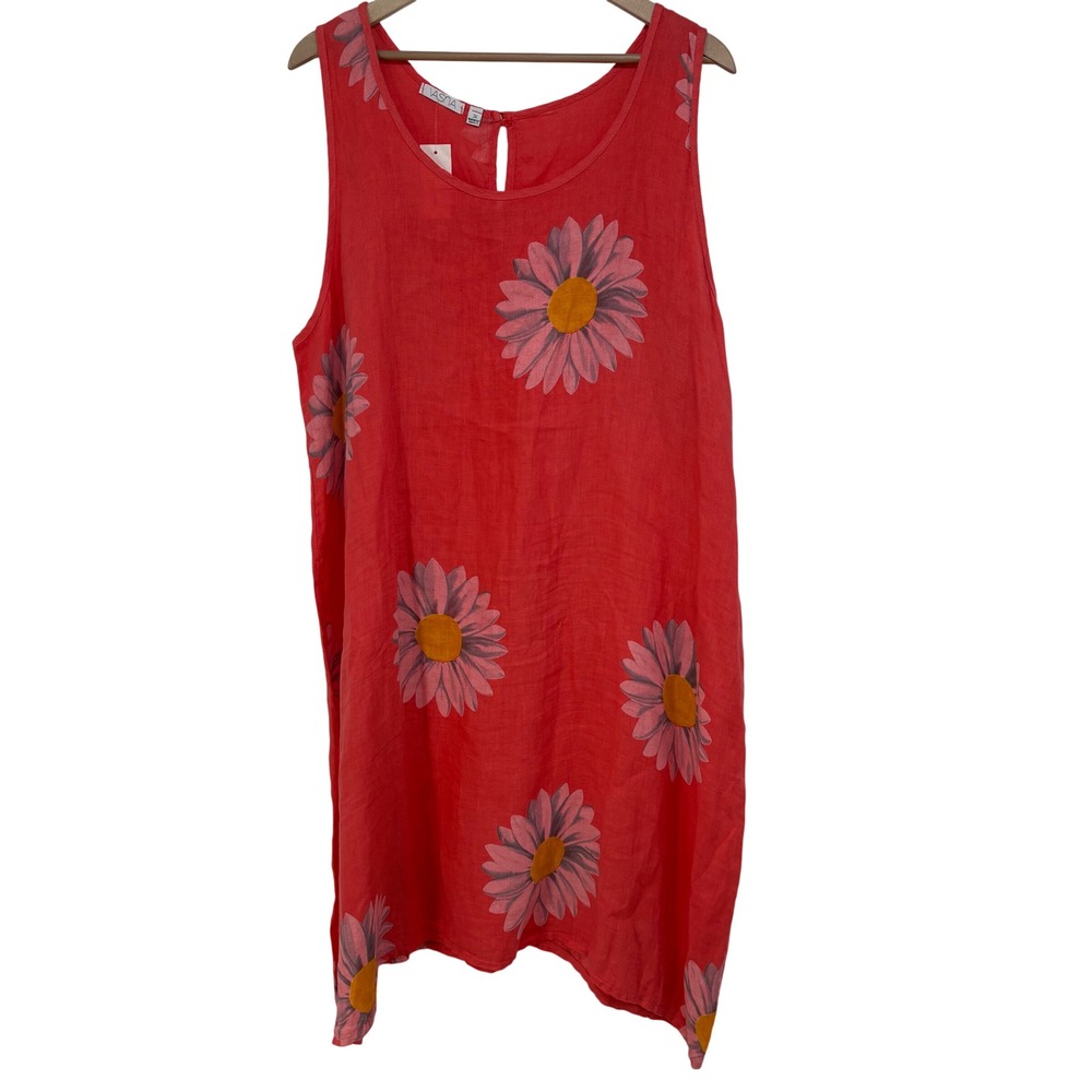 Vasna Italy Womens 3X Linen Shift Dress Coral  Daisy Floral Sleeveless NWT